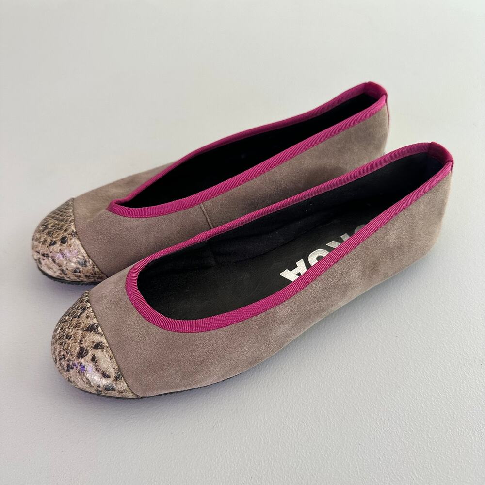 Kokua Suede Taupe Ballet Flats Snake Cap Toe‎ Magenta Trim EU 38 / US 7